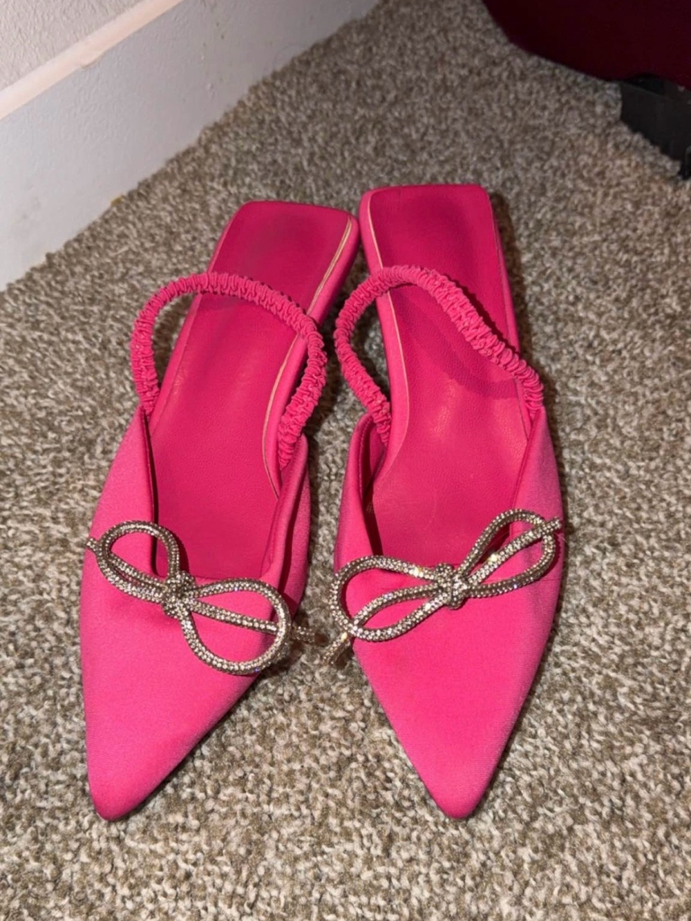 Hot Pink Pointed Toe Bow Slingback Flats